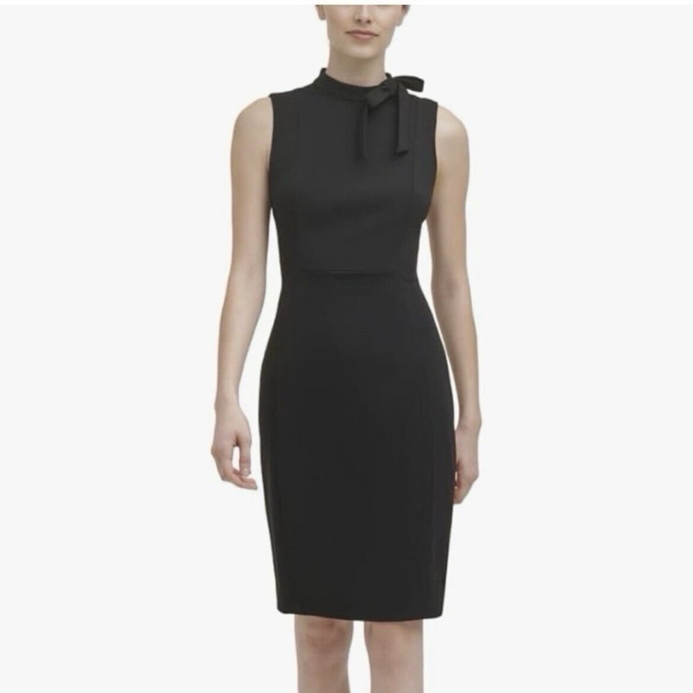 Calvin Klein Black Bow High‎ Neck Sleeveless Stretch Crepe Sheath Dress Size 10